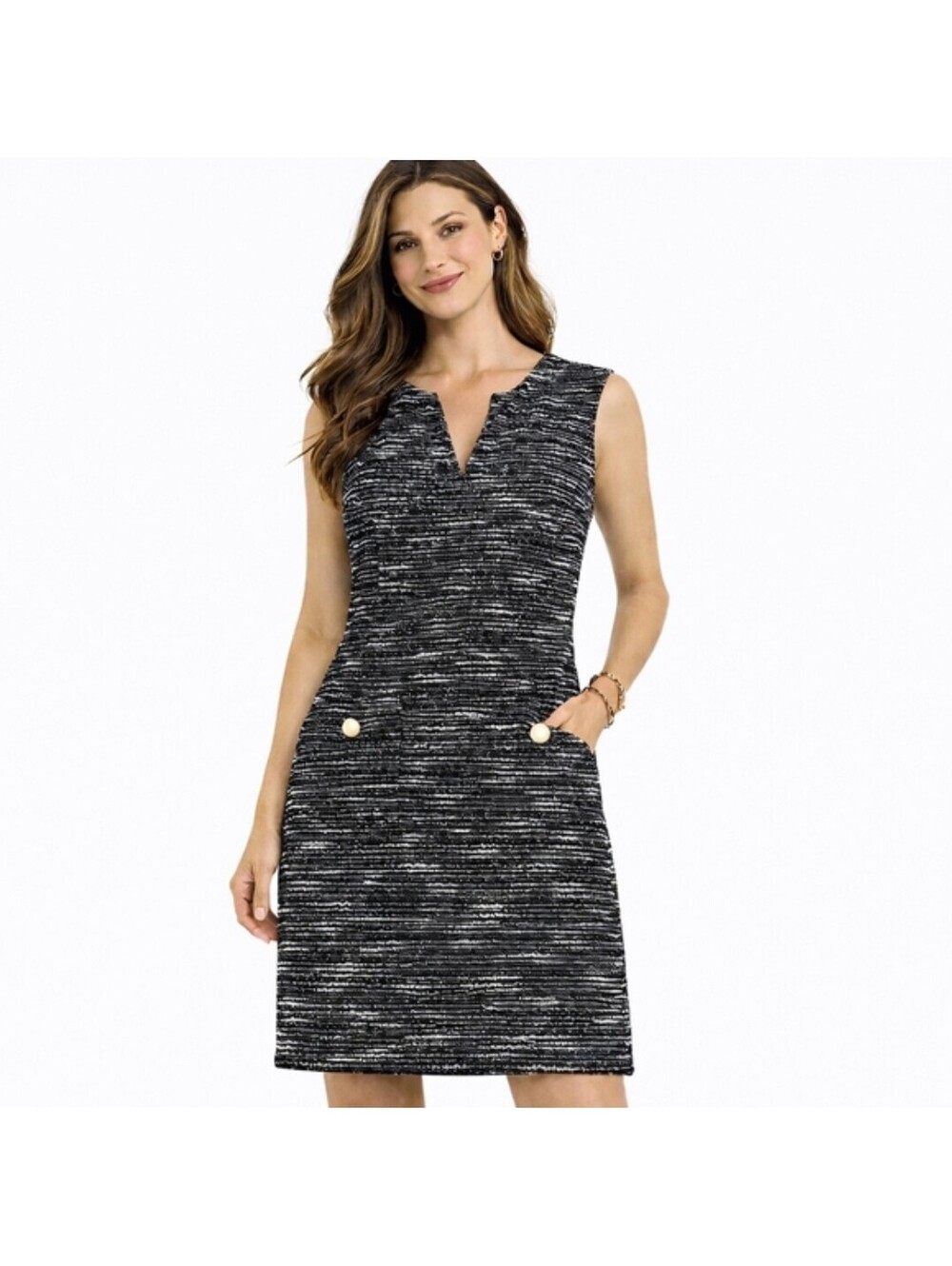 Karl Lagerfeld Sheath Dress Women's 12 Black White Tweed Sleeveless Pearl Detail